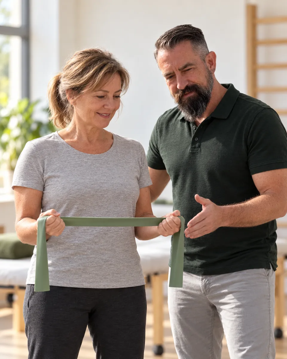 Sascha Stühmeier leitet eine Übung mit dem Theraband an